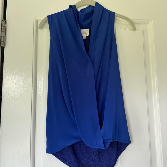 Blue Crossover Mixed-Media Sleeveless Parker Blouse - Picture 1 of 4